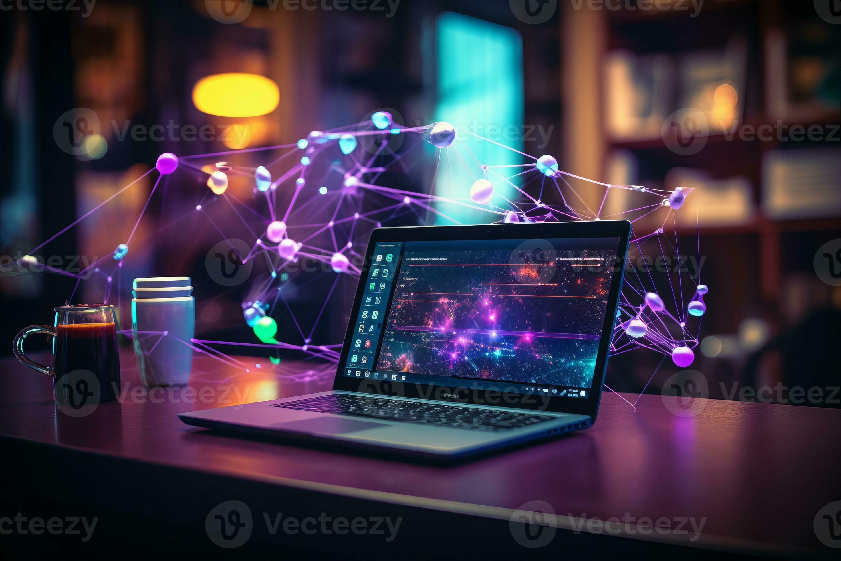 laptop-with-abstract-network-hologram-on-dark-office-interior-background-3d-rendering-ai-generated-photo